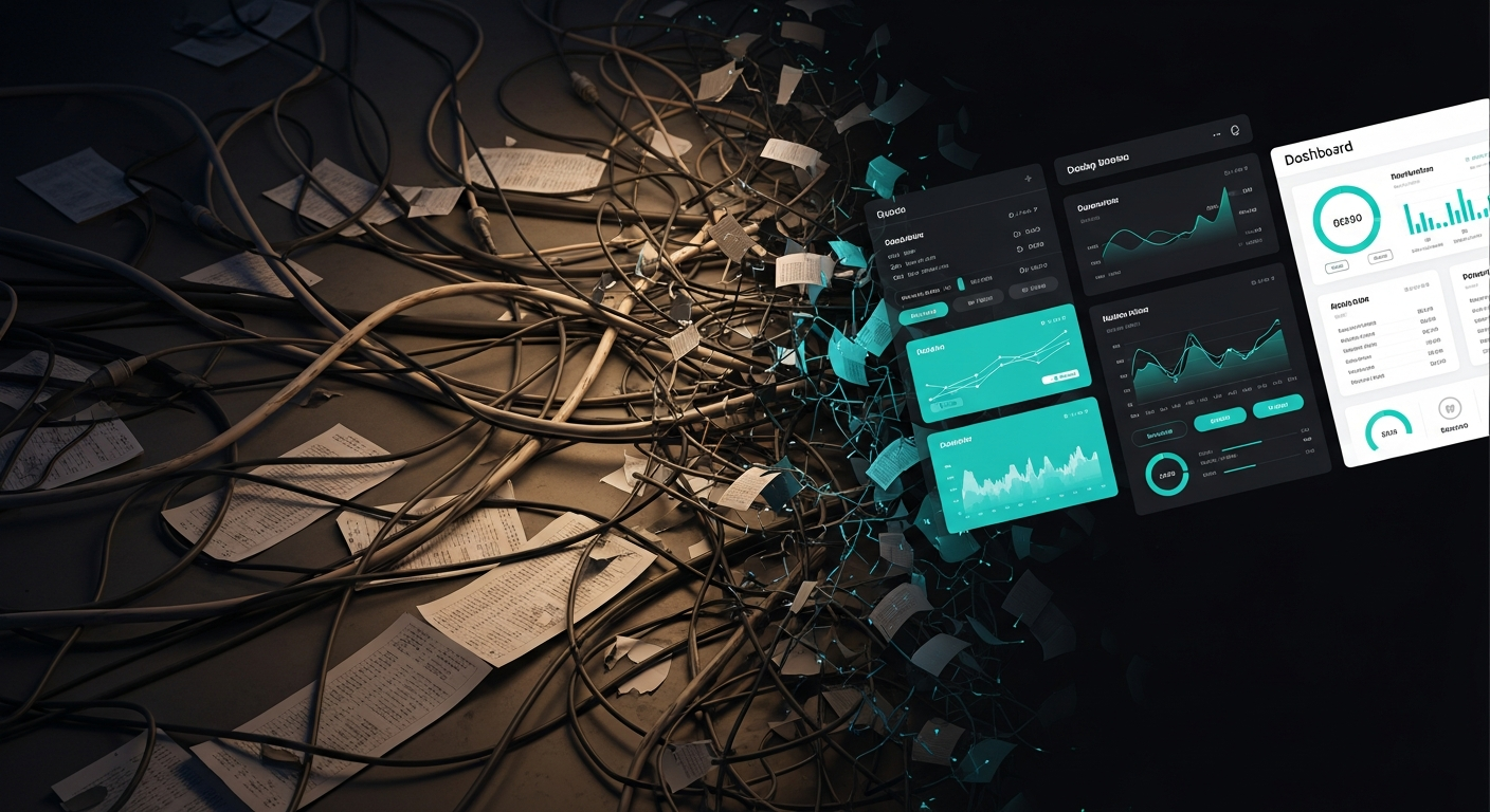 Tangled business tools and spreadsheets transforming into a clean custom application