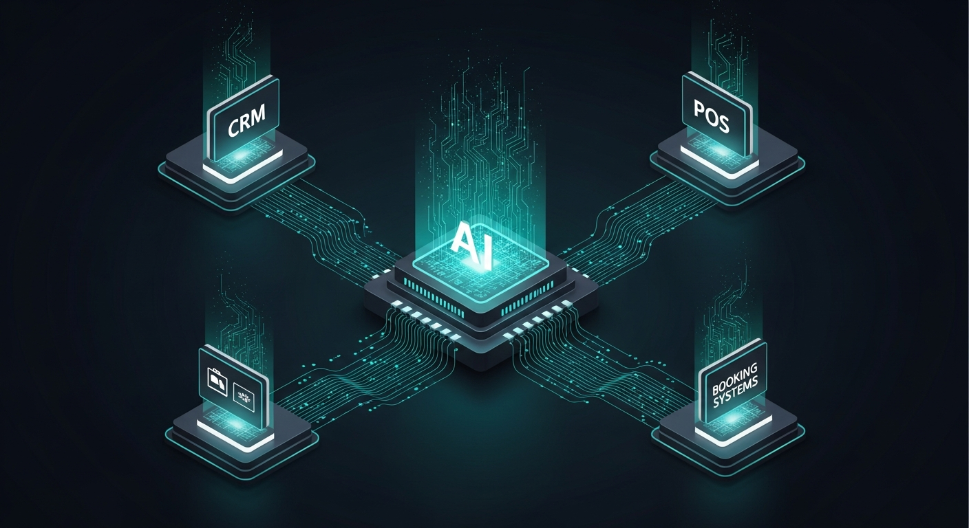 AI processing hub connecting CRM, POS, and booking platforms with intelligent data streams