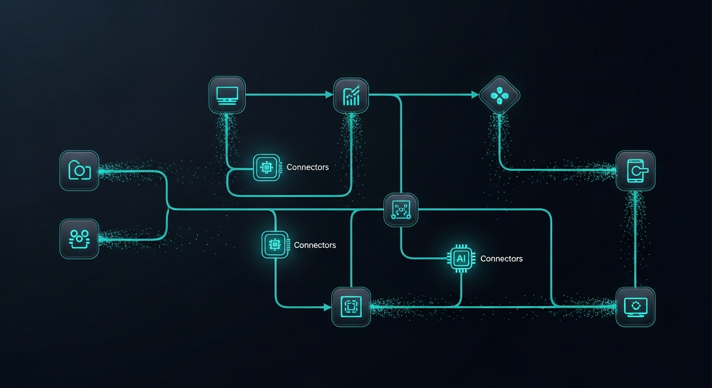 Automated business workflow showing data flowing between platforms with AI connectors